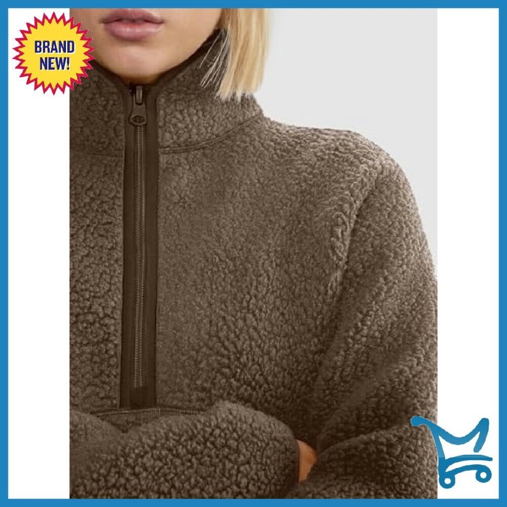 Half Zip Sherpa Fleece Pullover Cropped Sweatshirt with Pockets - Picture 3 of 7